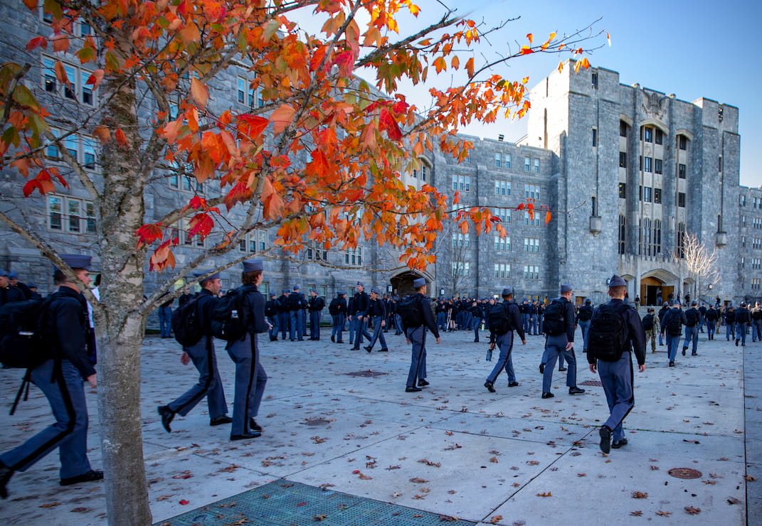 Cadets walking the grounds of West Point in between classes in the fall. 