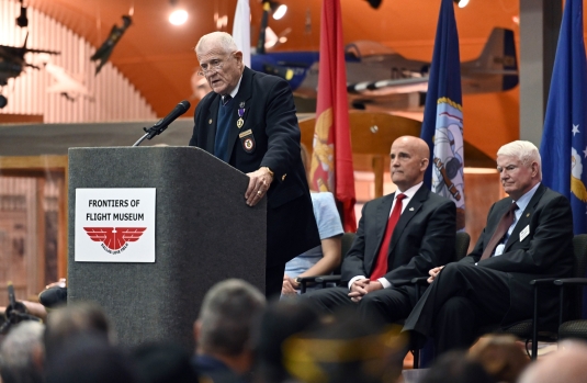 CPT (R) Allen B. Clark ’63 addressed the crowd at The Frontiers of Flight Museum in Dallas