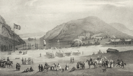 An 1828 lithograph by Jacques Milbert titled “West Point at the Moment of Exercise.”