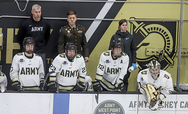 Rachel Leahy (right), Director of Sports Medicine , saved a West Point hockey player's life on January 5, 2023 when his neck was sliced by a skate in a player-to-player collision.