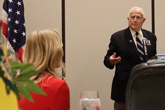 CPT (R) Allen Clark ’63 addresses the Captain Molly Corbin Chapter, NSDAR, at Veterans Day observance. (DAR photo)