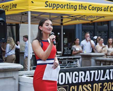  2LT Katherine (LaReau) Metz ’25 educates her class on their role as the newest graduates in the Long Gray Line.