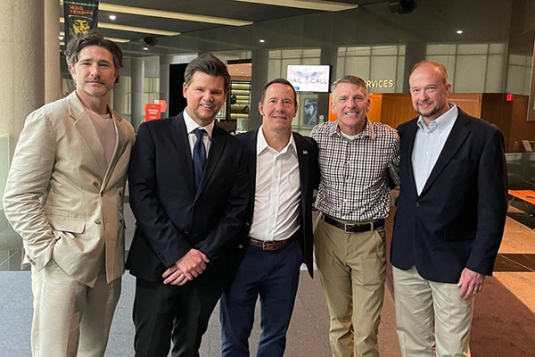 Actor Matt Dallas, actor Steven Grayhm, Mike Kenny '93, Tony Hofman '89, and Brian Manus '93